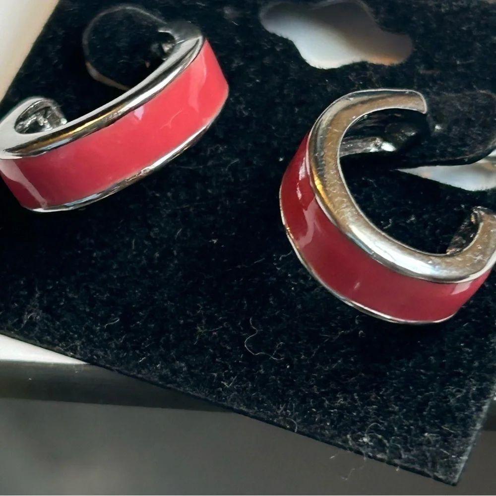 Vintage Pink Enamel Silver Hoop Earrings